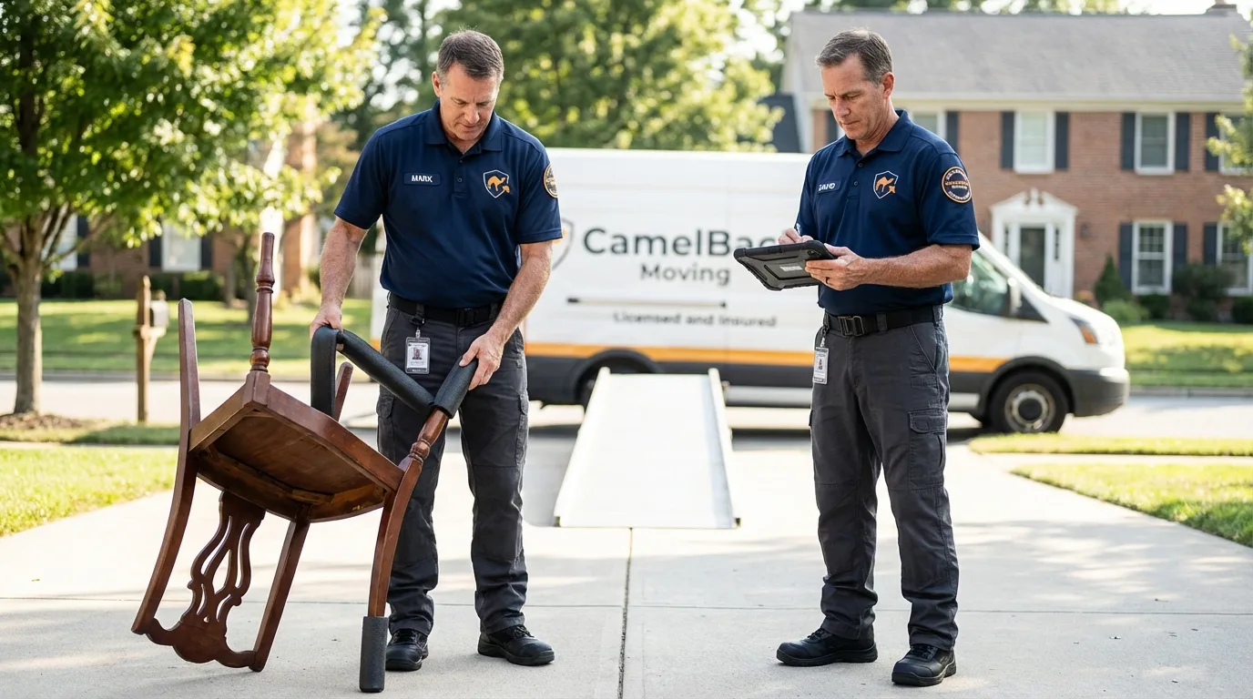 Movers inspecting furniture for damage prevention before loading in Farmington, MO