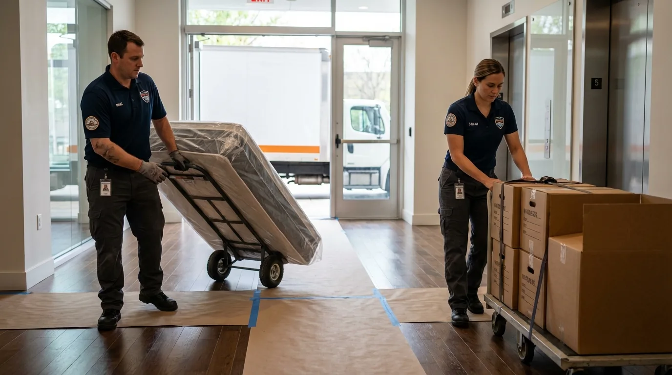 Professional apartment movers loading elevator in Farmington, MO